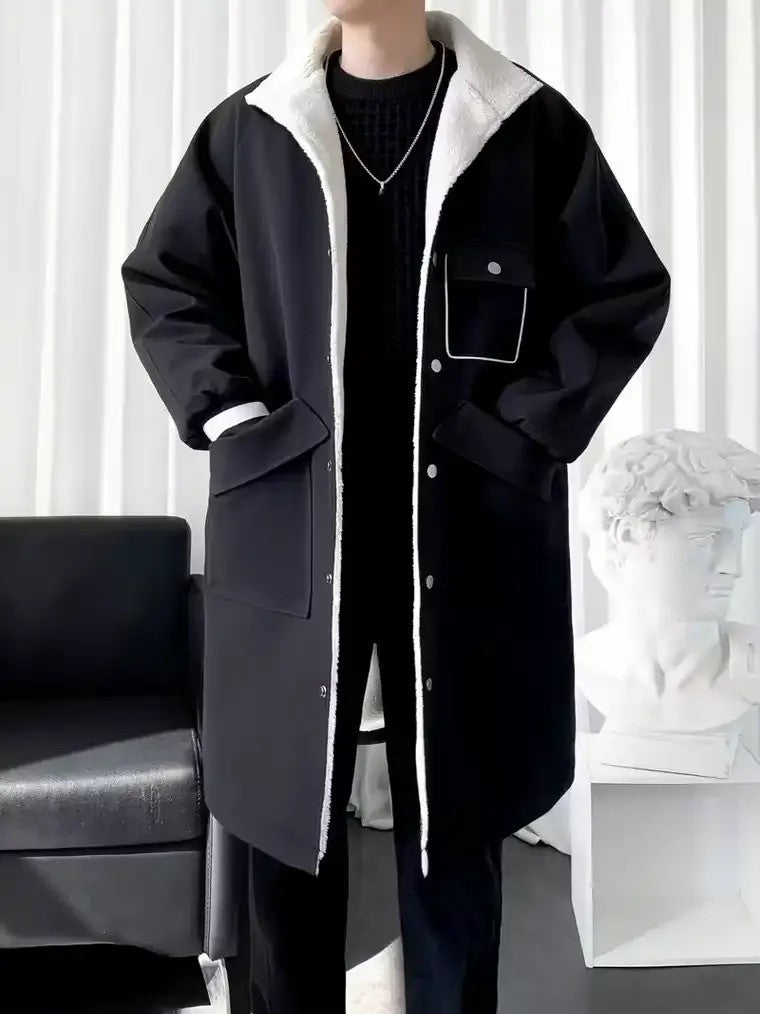 Men's Contrast-Collar Long Coat