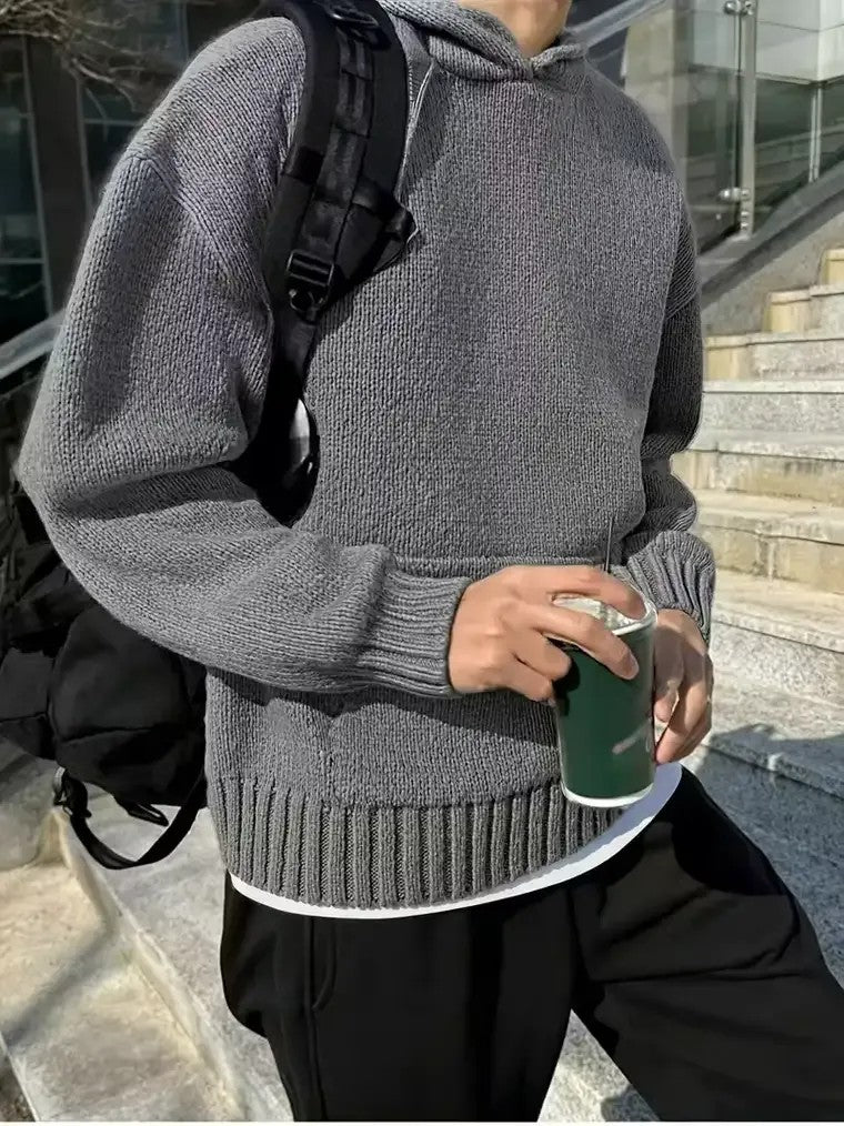 Men's Gray Hooded Knit Sweater