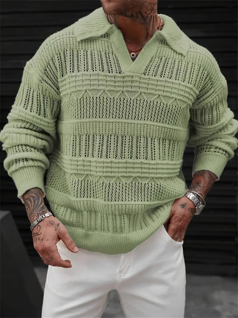 Men's Green Collared V-Neck Crochet Sweater