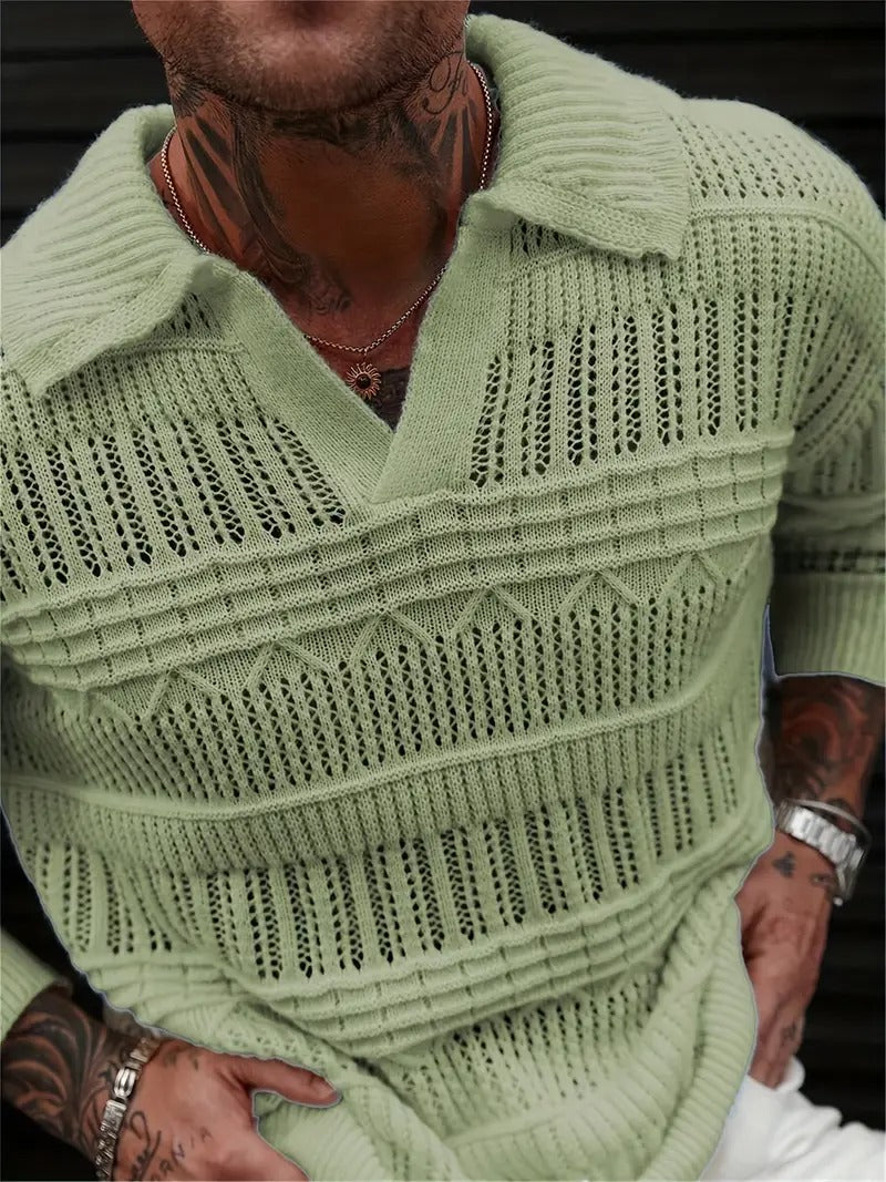 Men's Green Collared V-Neck Crochet Sweater