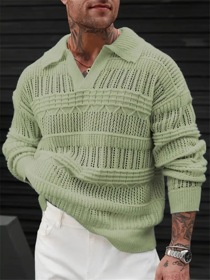 Men's Green Collared V-Neck Crochet Sweater
