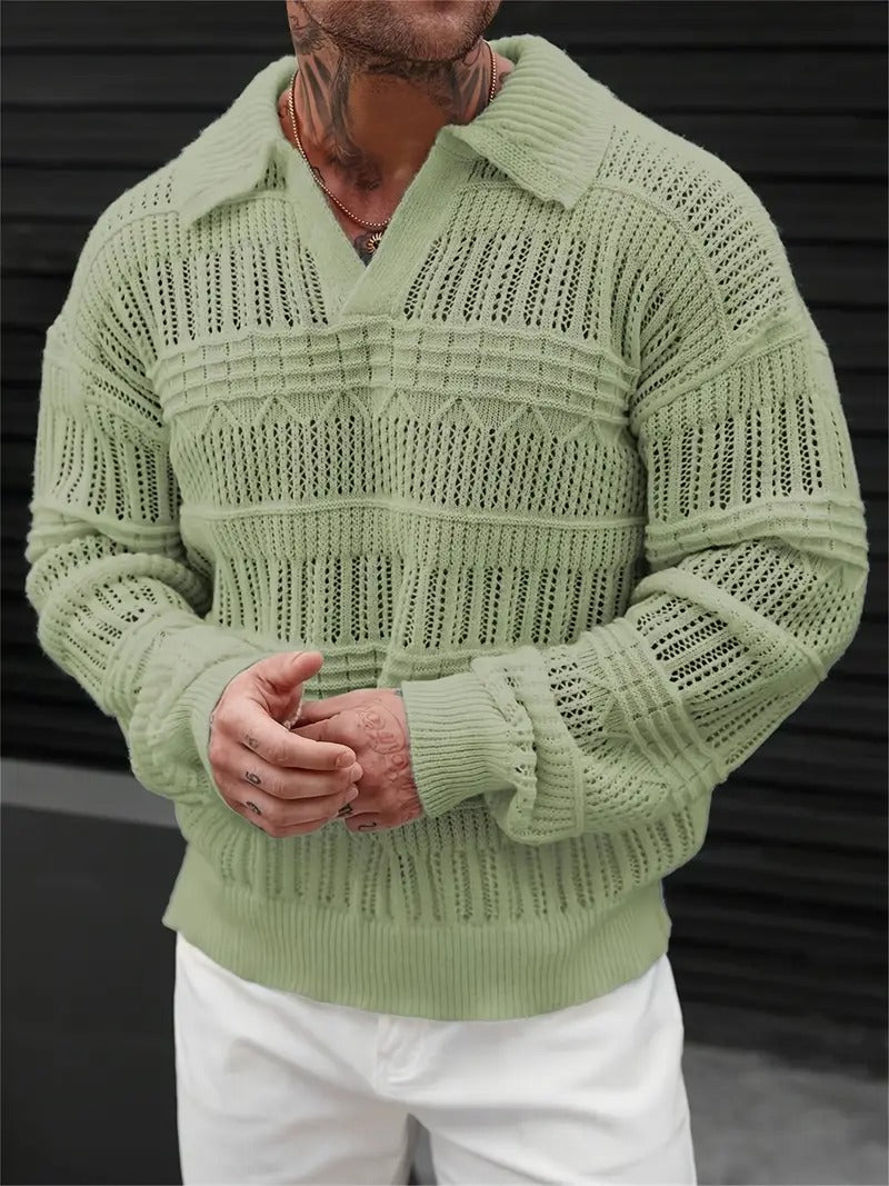 Men's Green Collared V-Neck Crochet Sweater