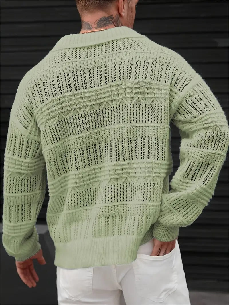 Men's Green Collared V-Neck Crochet Sweater