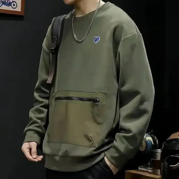 Men's Green Crewneck Sweater with Front Pocket