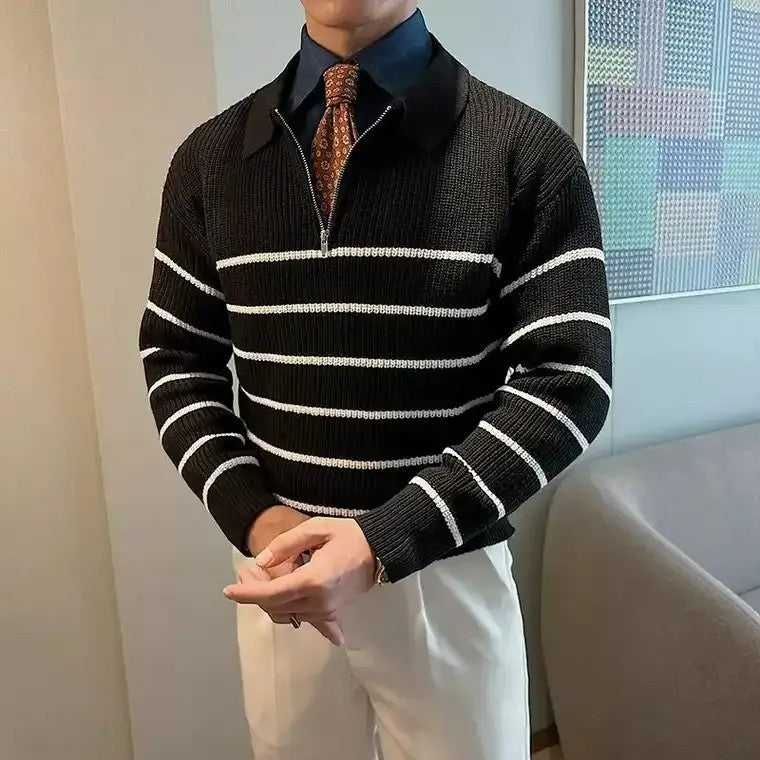 Men's Half-Zip Striped Rib Knit Sweater
