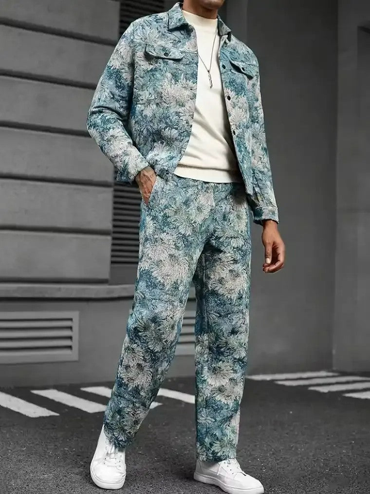 Men's Jacquard Pattern Jacket and Drawstring Trouser Set