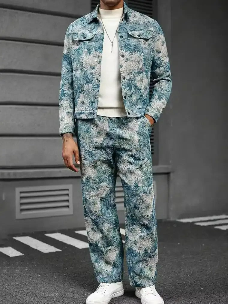 Men's Jacquard Pattern Jacket and Drawstring Trouser Set