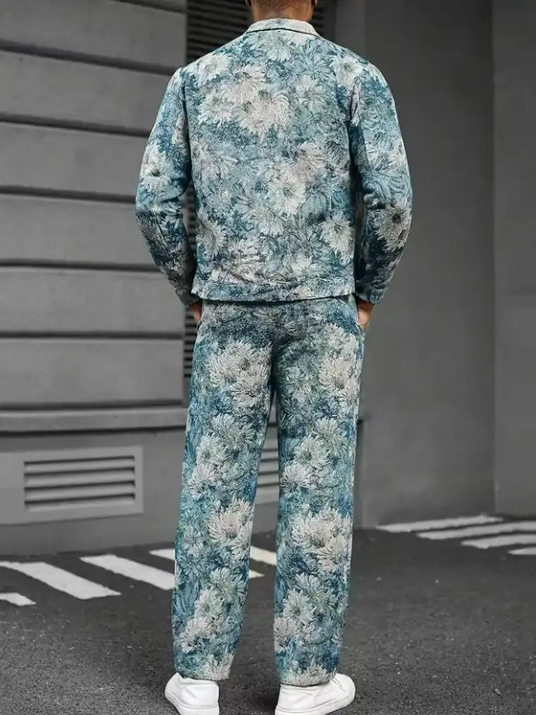 Men's Jacquard Pattern Jacket and Drawstring Trouser Set