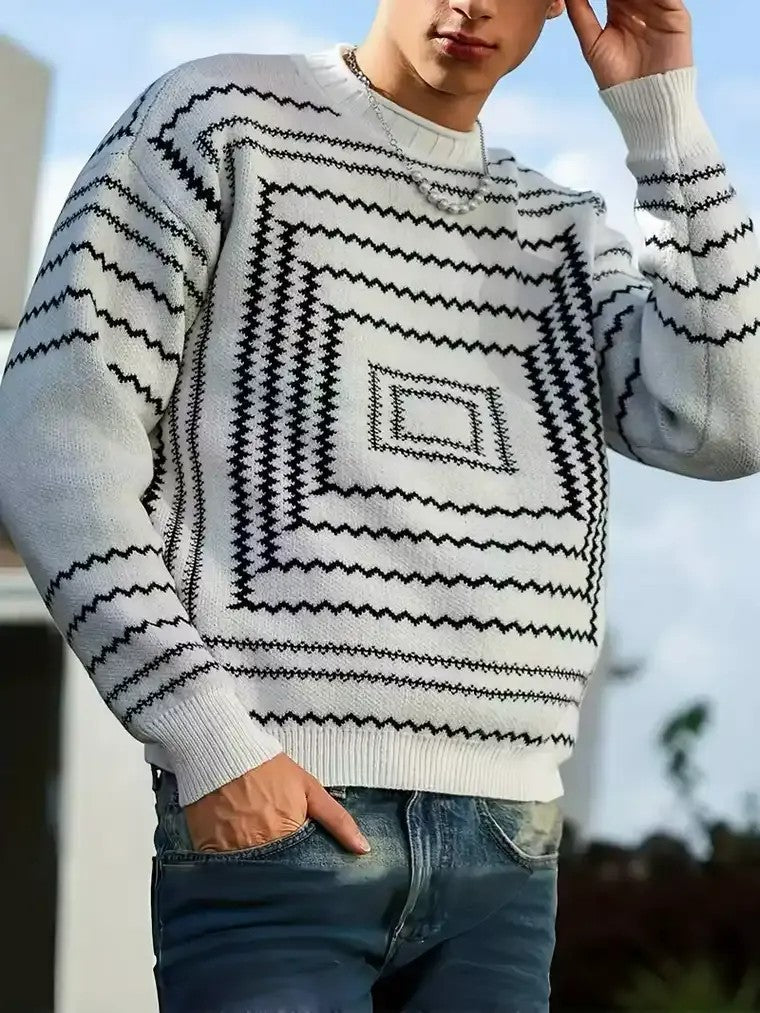 Men's Jagged Line Patterned Crewneck Sweater