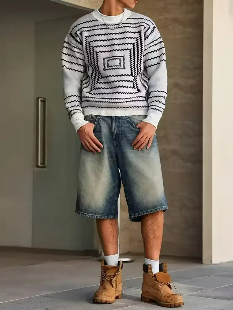 Men's Jagged Line Patterned Crewneck Sweater