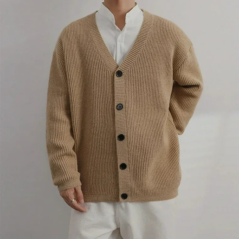 Men's Khaki Ribbed-Knit Cardigan