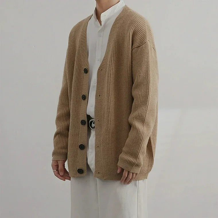 Men's Khaki Ribbed-Knit Cardigan