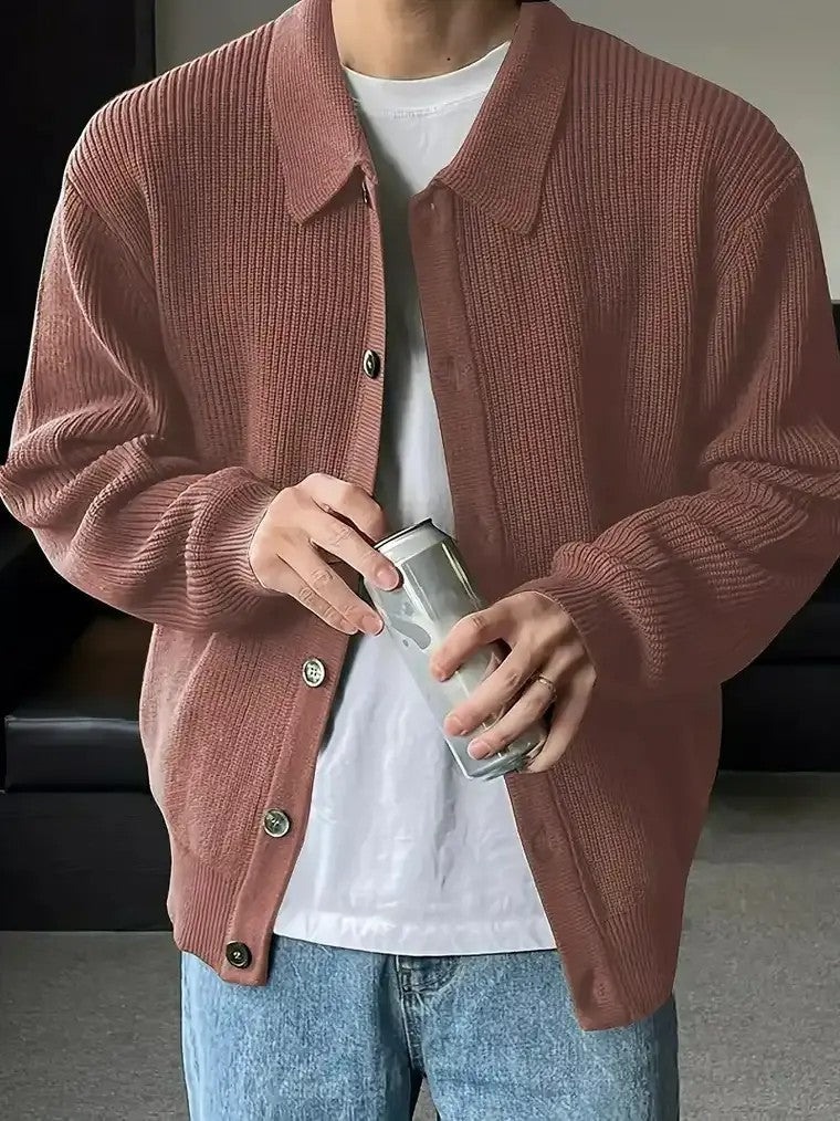 Men's Long Sleeve Collared Ribbed Cardigan