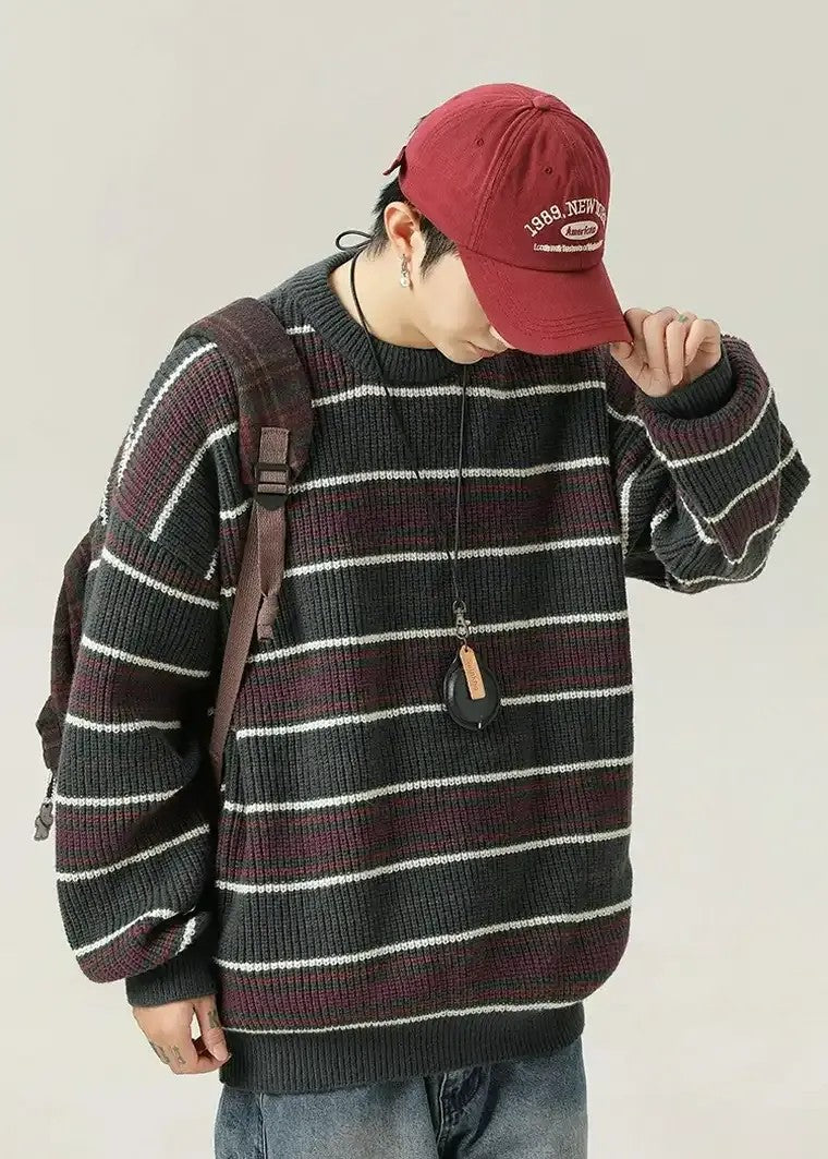 Men's Long Sleeve Sweater with Multi-Stripe Pattern