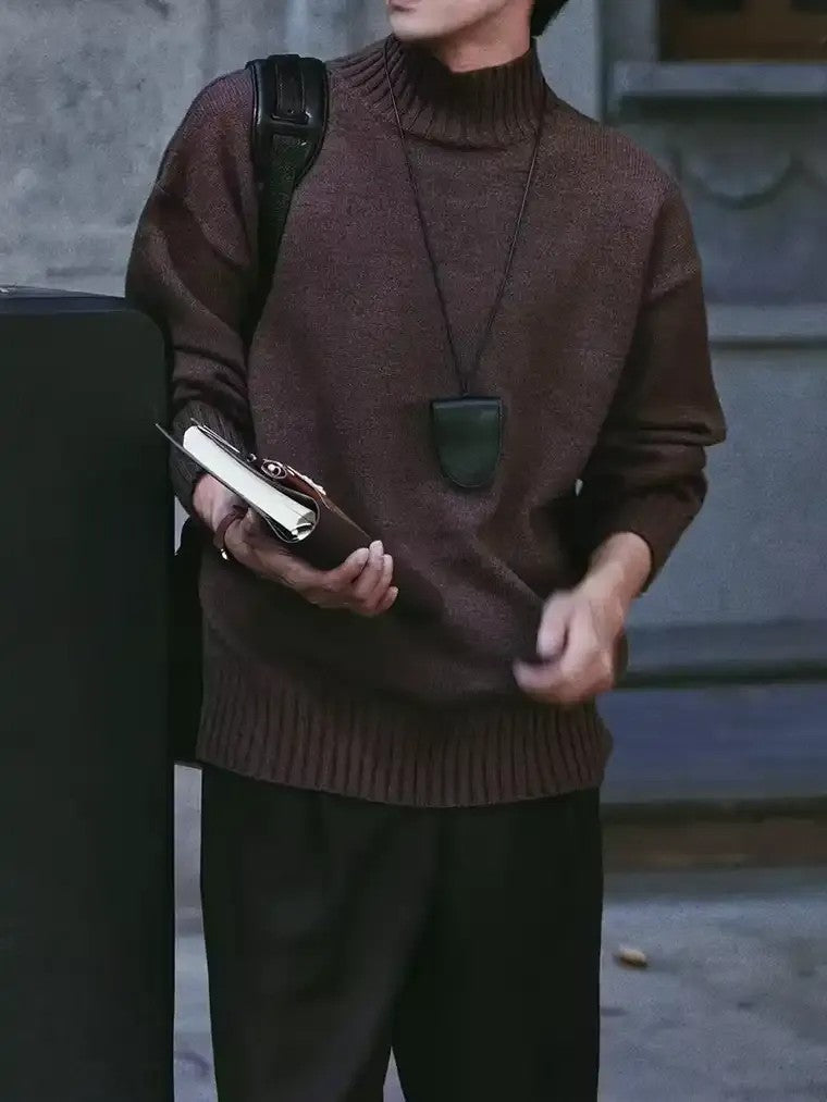 Men's Long Sleeve Turtleneck Sweater with Ribbed Cuffs