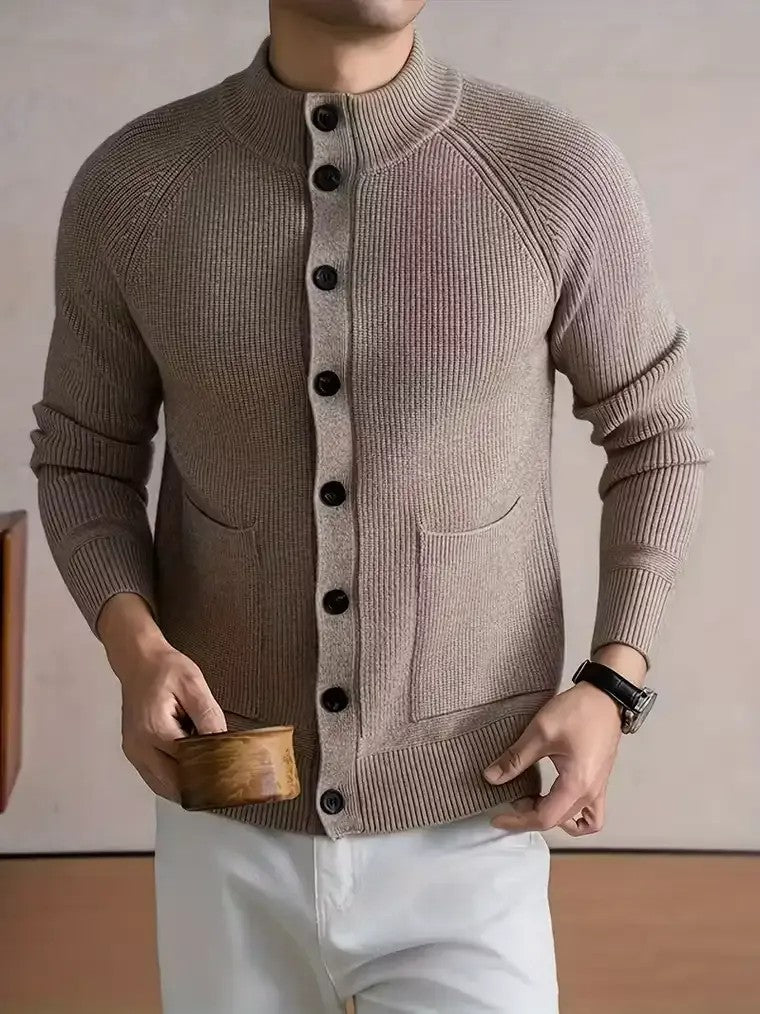 Men's Mock Neck Cardigan with Patch Pockets