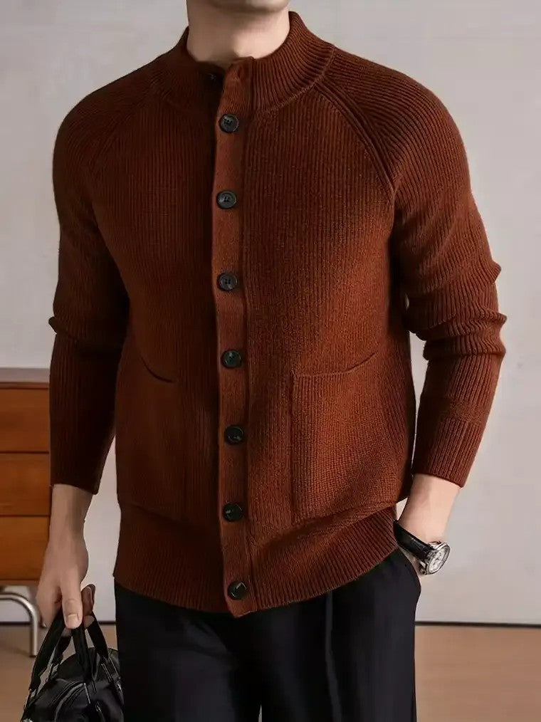 Men's Mock Neck Cardigan with Patch Pockets