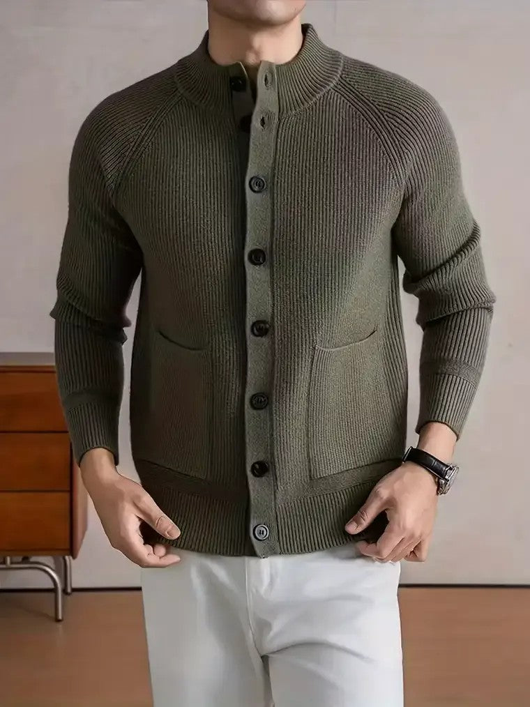 Men's Mock Neck Cardigan with Patch Pockets