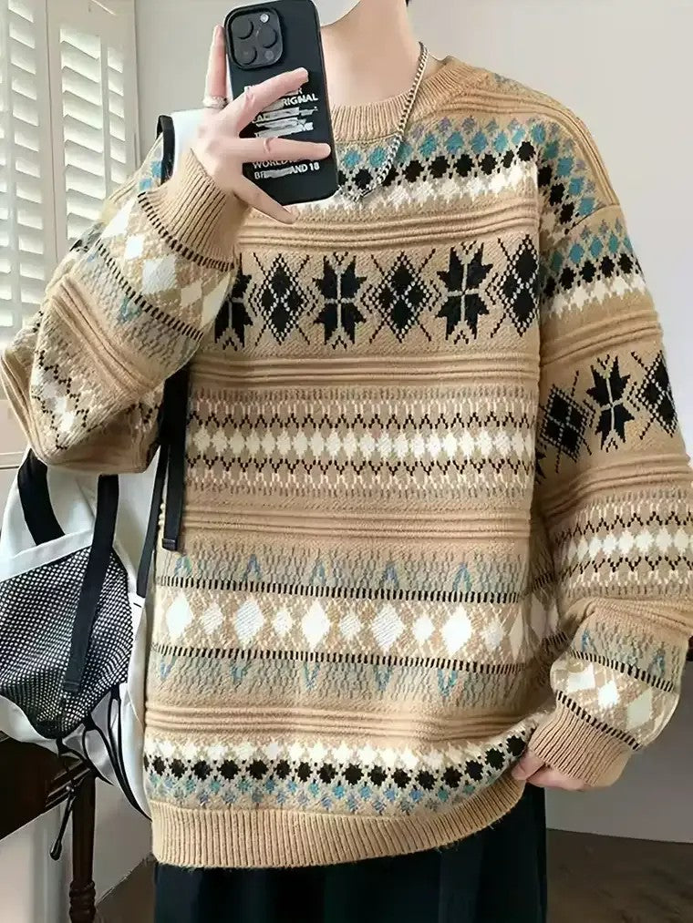 Men's Nordic Knit Sweater with Snowflake Motifs