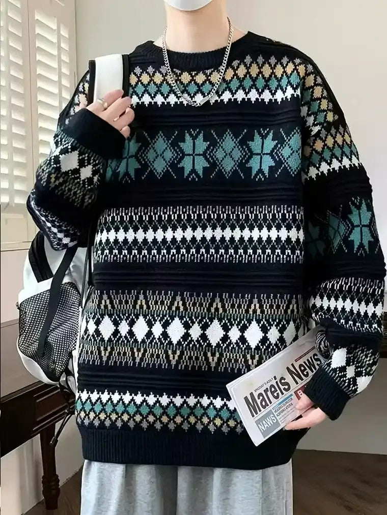 Men's Nordic Knit Sweater with Snowflake Motifs