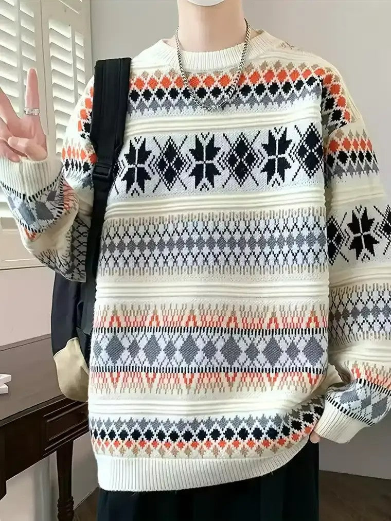 Men's Nordic Knit Sweater with Snowflake Motifs