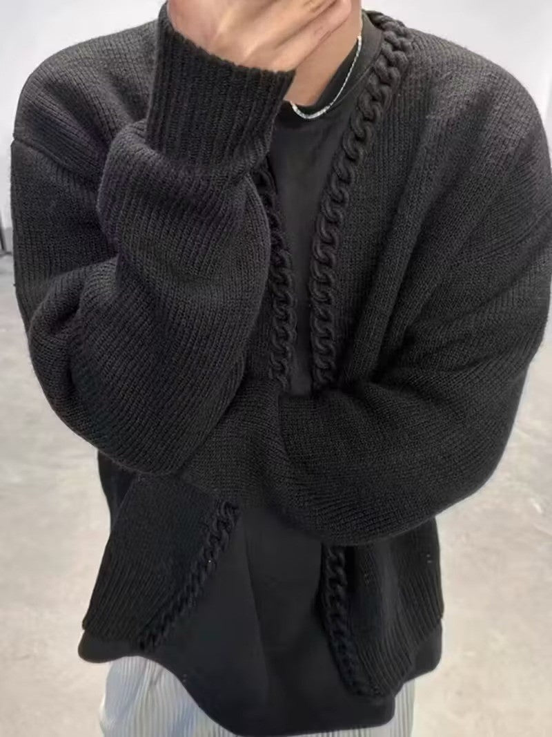 Men's Open-Front Braided Trim Cardigan