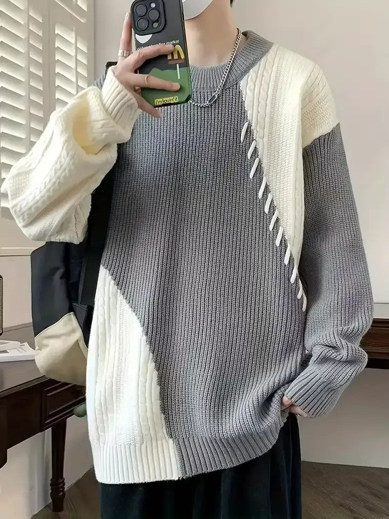 Men's Oversized Knit Sweater with Patchwork Design