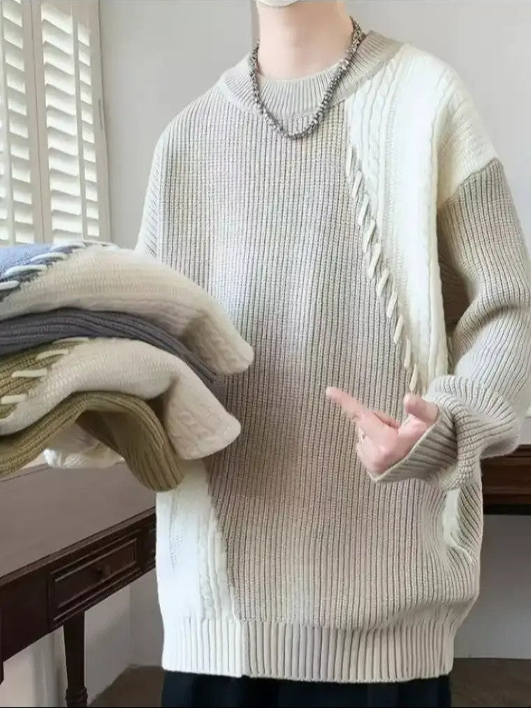 Men's Oversized Knit Sweater with Patchwork Design