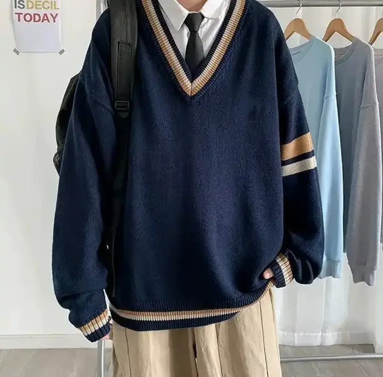 Men's Oversized Striped V-Neck Sweater