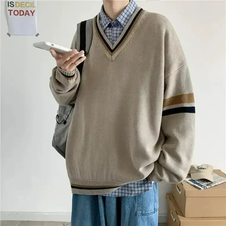 Men's Oversized Striped V-Neck Sweater