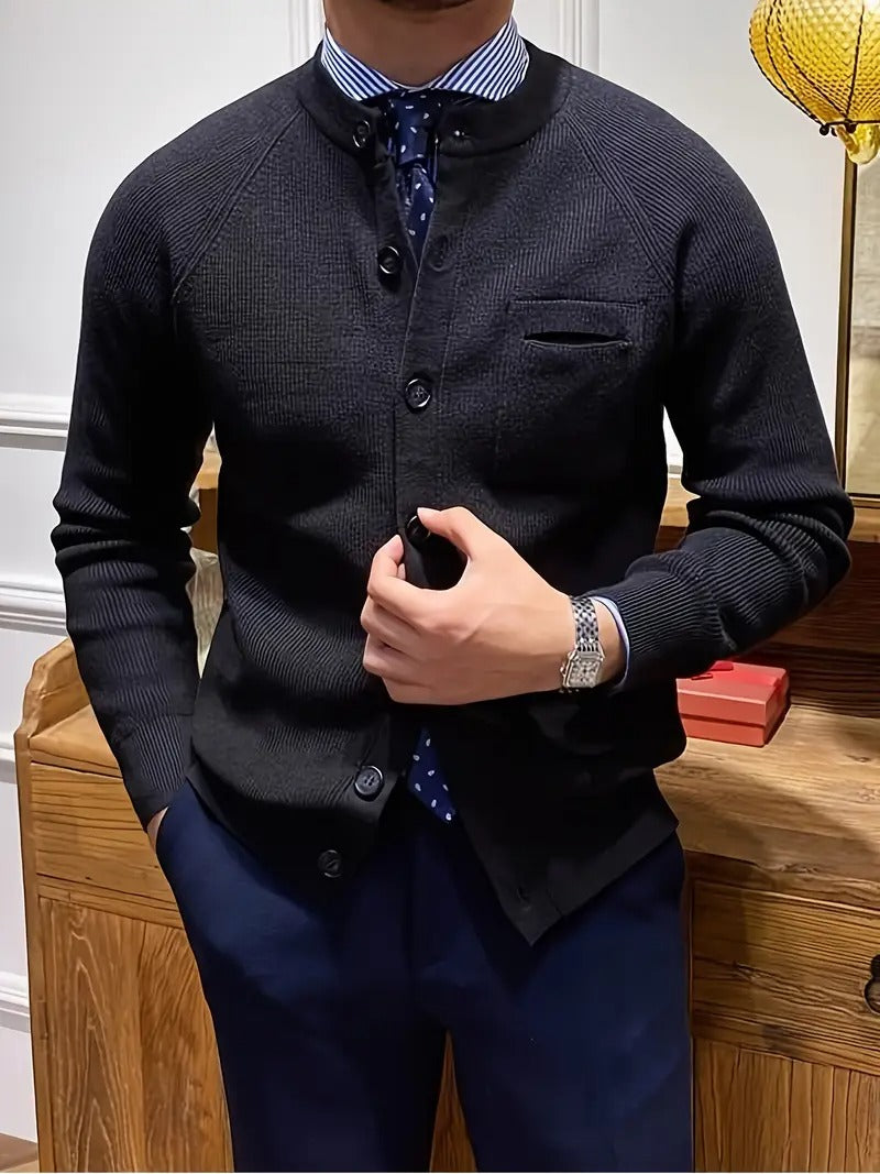 Men's Ribbed Crew Neck Long Sleeve Cardigan