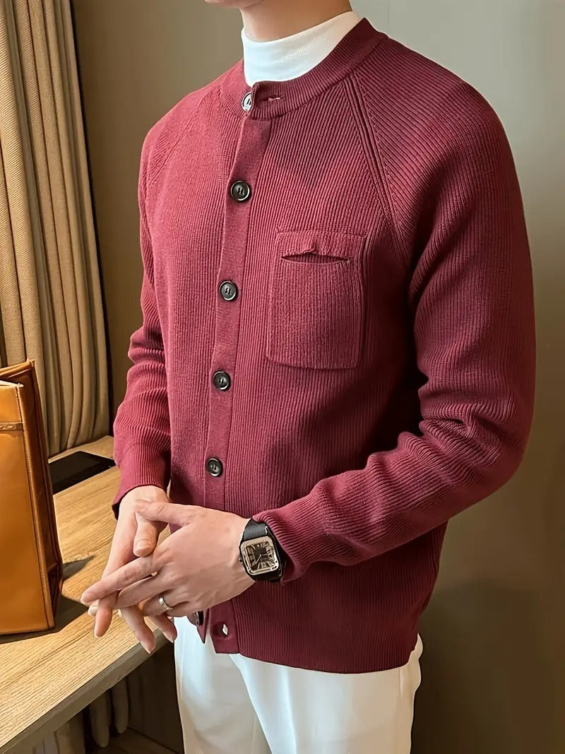 Men's Ribbed Crew Neck Long Sleeve Cardigan