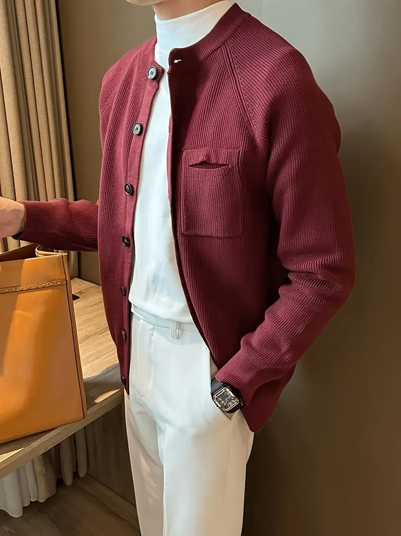 Men's Ribbed Crew Neck Long Sleeve Cardigan