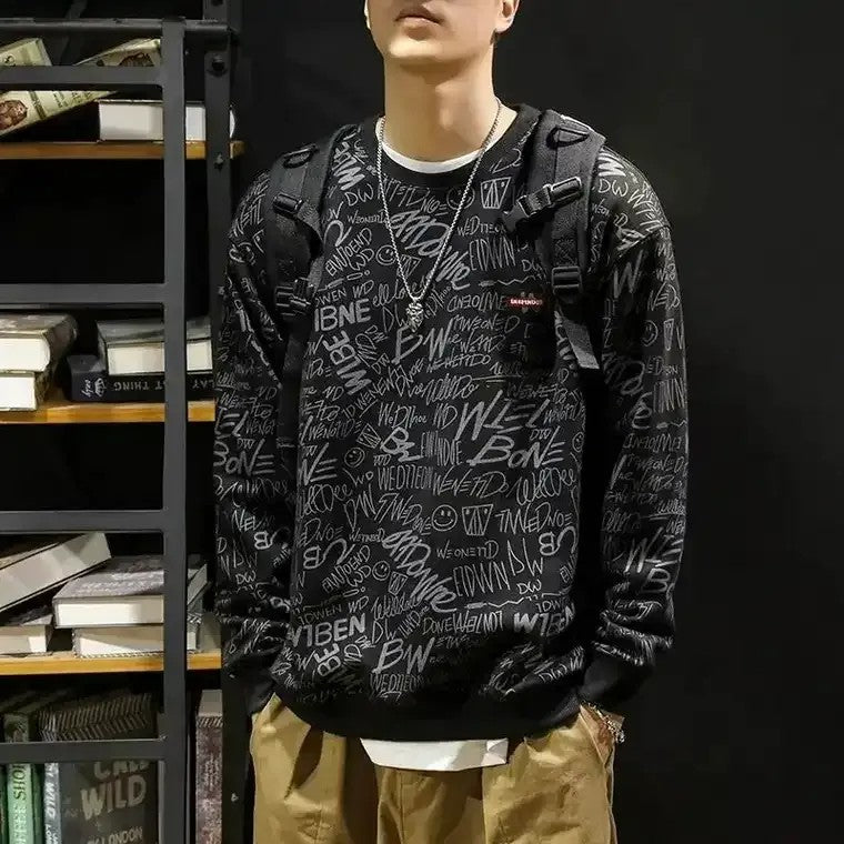 Men's Round Neck Graffiti Print Sweater