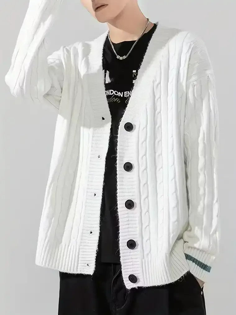 Men's V-Neck Button-Front Cardigan with Striped Cuffs