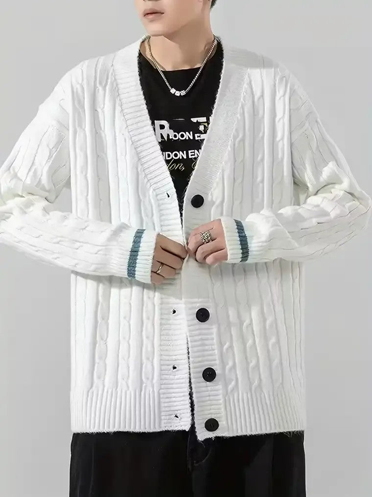 Men's V-Neck Button-Front Cardigan with Striped Cuffs