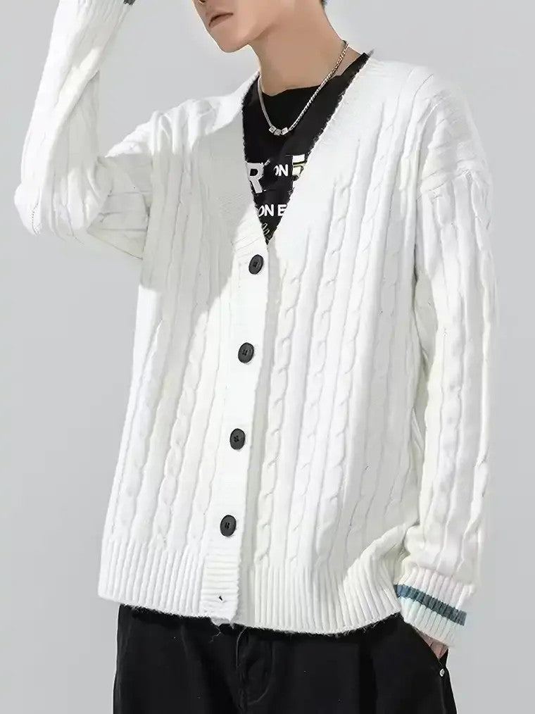 Men's V-Neck Button-Front Cardigan with Striped Cuffs