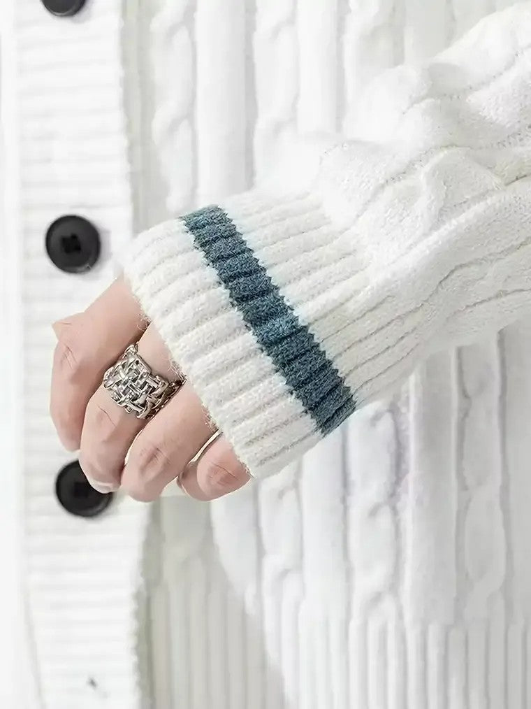 Men's V-Neck Button-Front Cardigan with Striped Cuffs