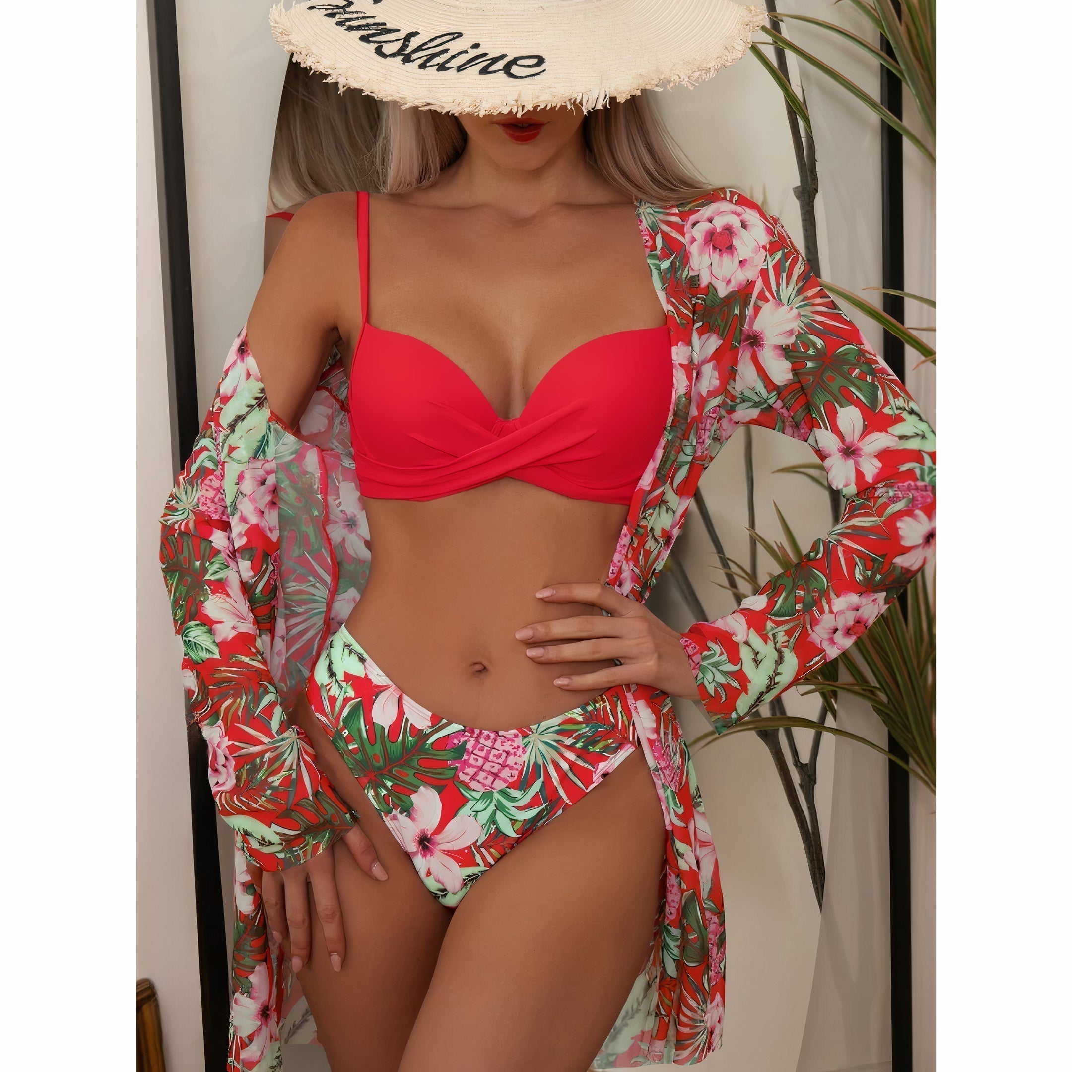 Women's Summer Bikini Set with Floral Cardigan
