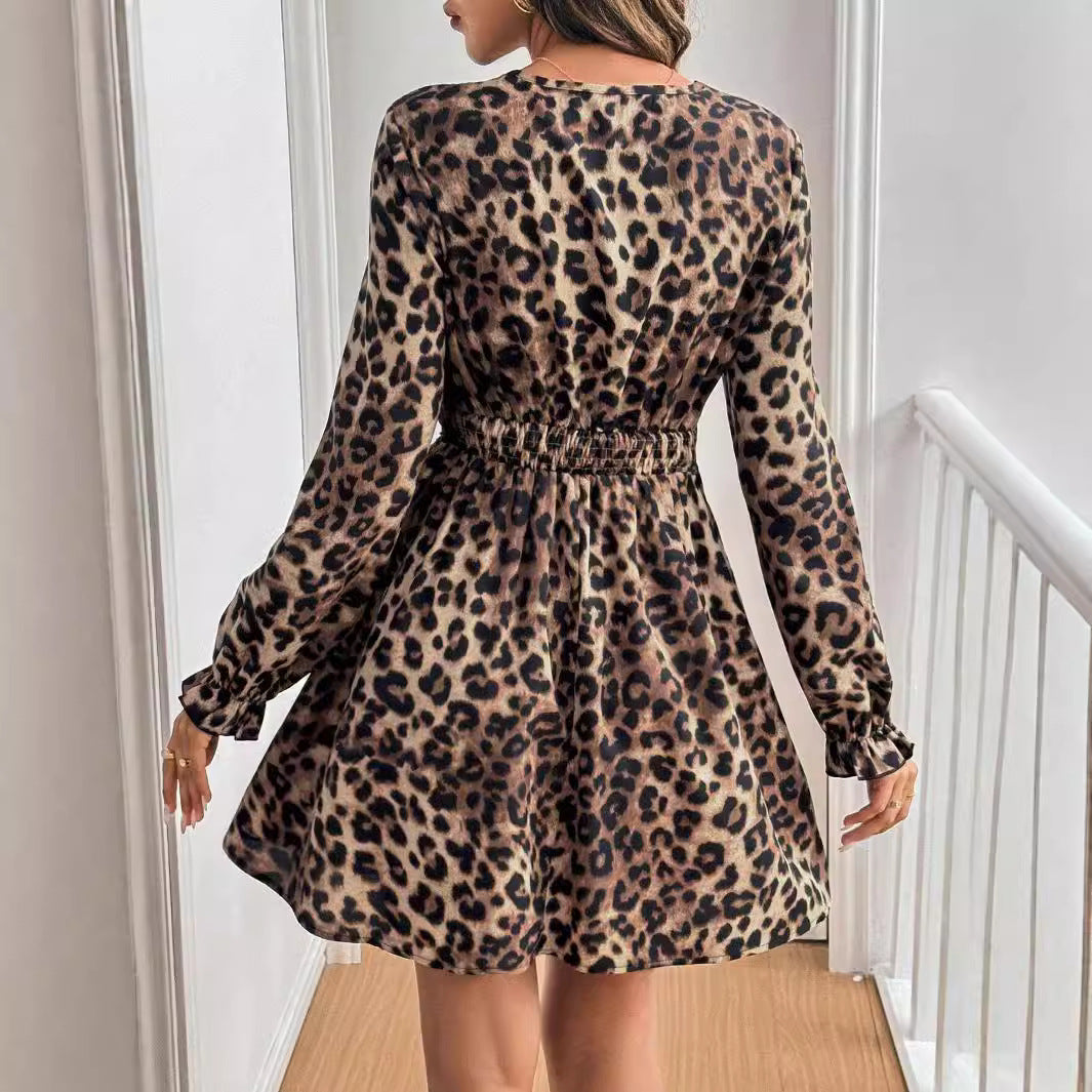 Women's Leopard Print Mini Dress with V-neckline Lace Trim and Long Sleeve