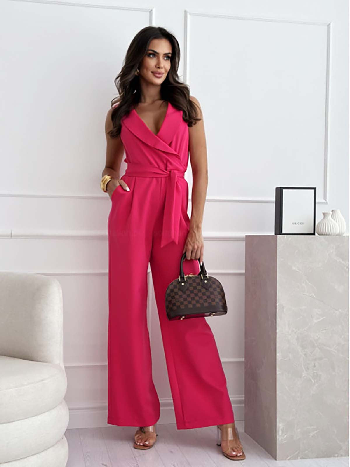 Women's Summer Sleeveless Wrap Jumpsuit with V-neck and Belt