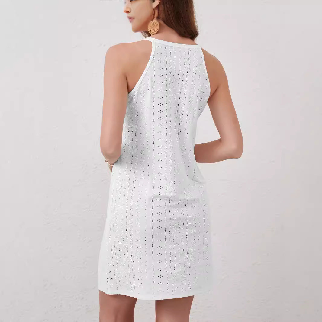 Women's Summer Eyelet Mini Dress with Halter Neckline and Floral Detail