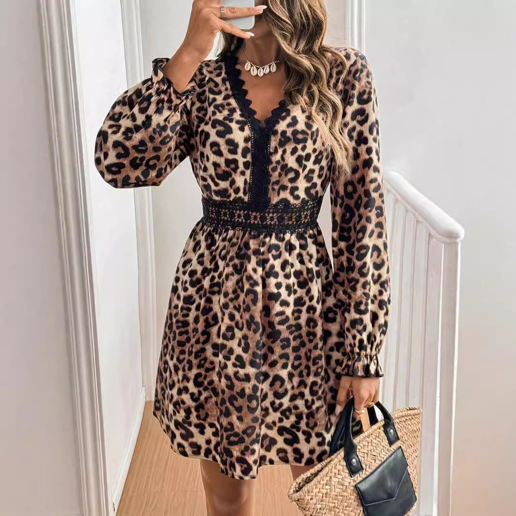 Women's Leopard Print Mini Dress with V-neckline Lace Trim and Long Sleeve