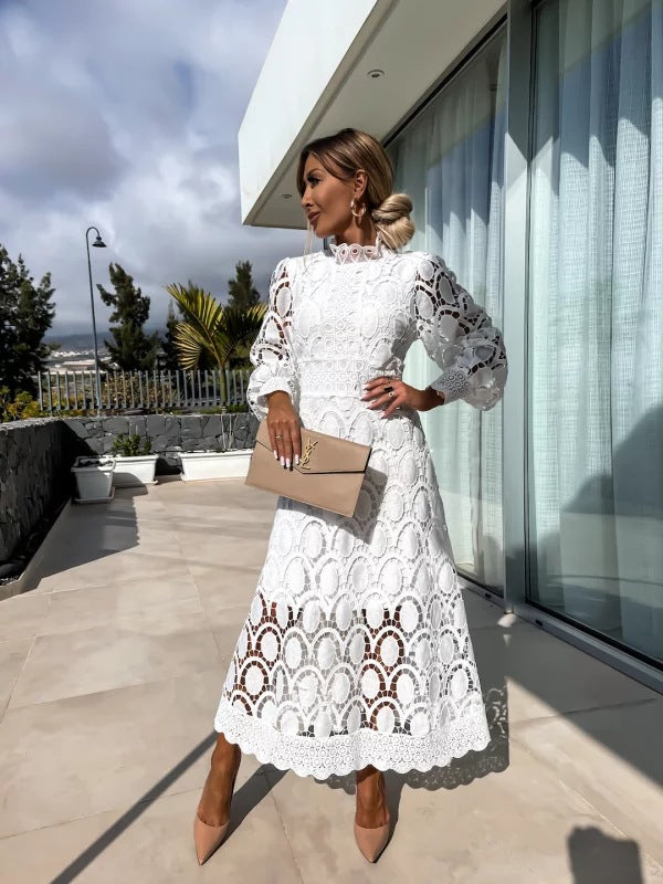 Women's Summer Lace Dress with Puff Sleeves and High Neck