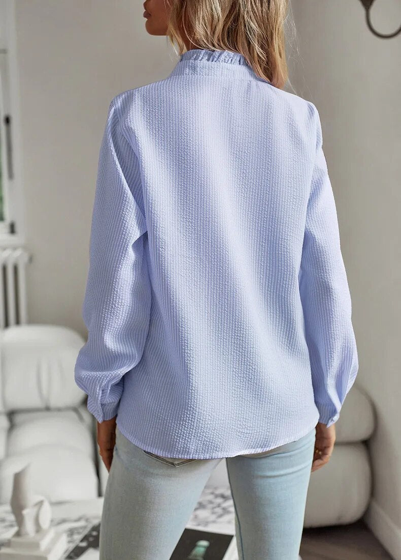 Women's Summer Long Sleeve Blouse with Buttons and Ruffles