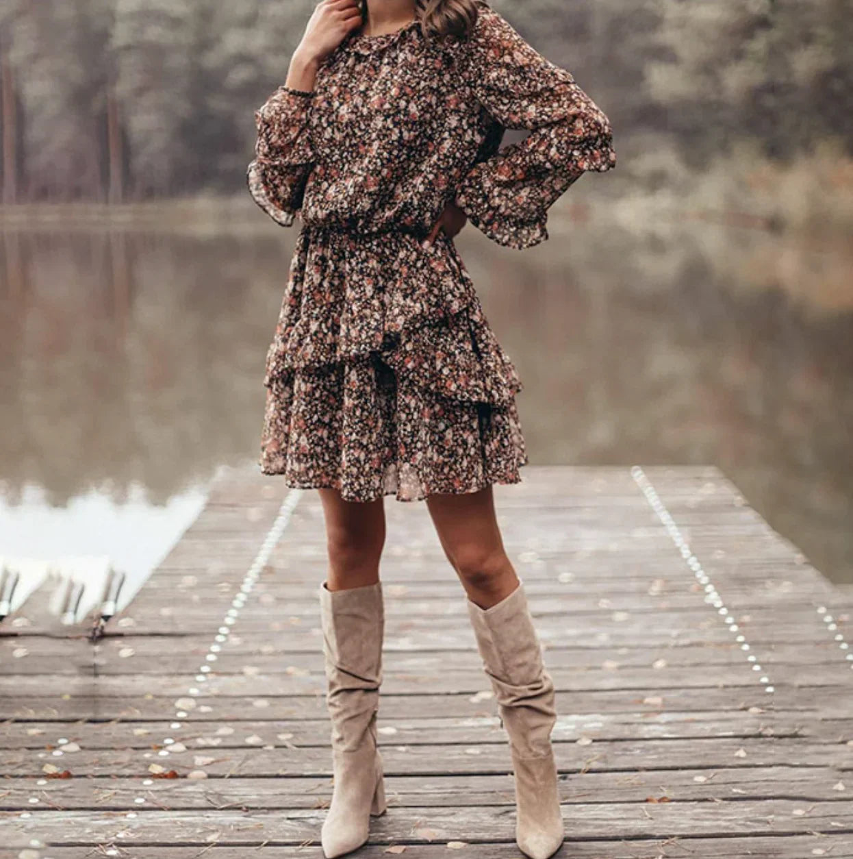 Women's Summer Floral Mini Dress with Layered Ruffles and Long Sleeve