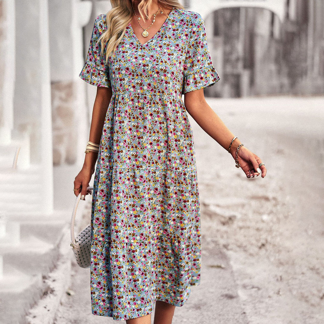 Women's Summer Floral Midi Dress with Short Sleeves and V-neckline