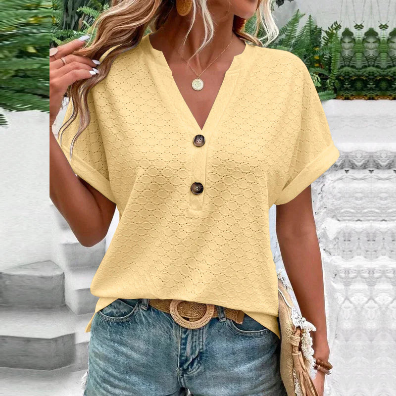 Women's Summer Textured Blouse with V-neck and Two-Buttons