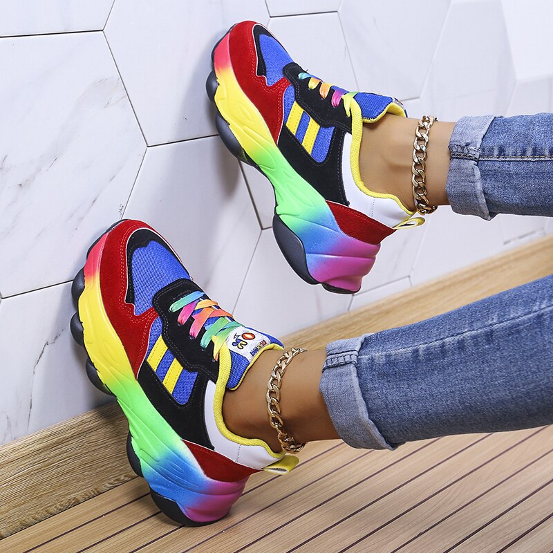 Women's All Season Multicolor Sneakers with Lace-up and Thick Sole
