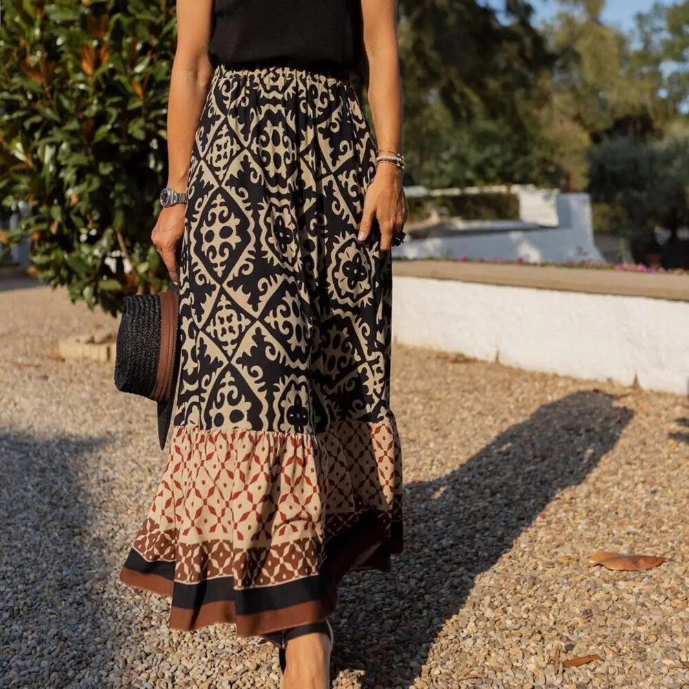 Women's Summer Long Skirt with Tribal Print and Tiered Hem